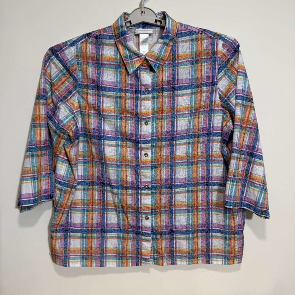 Alfred Dunner Button Up Top Multicolor Plaid 3/4 Sleeve Women's Size Large